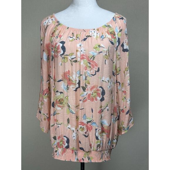 Hope & Harlow Women’s Size XL Peach Floral Top Gathered Neck Elastic Waist - Picture 1 of 13